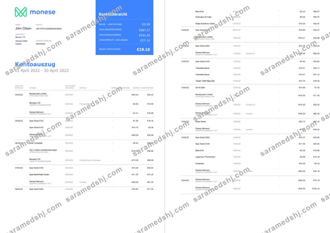 Germany Monese bank statement on Deutsch, 3 pages